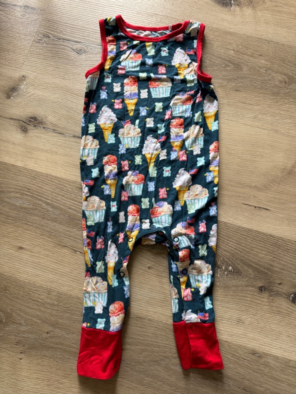 Posh Peanut Skye Romper Ice Cream Cone, Cupcake, Gummy Bear Flag Print Pajamas